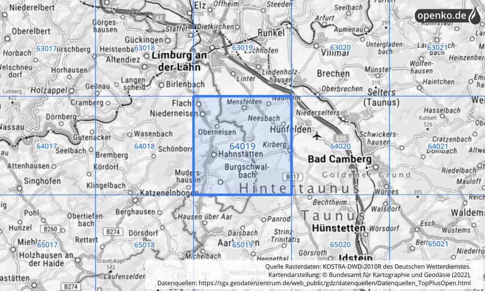 Übersichtskarte KOSTRA-DWD-2010R Rasterfeld Nr. 64019 mit angrenzenden Feldern