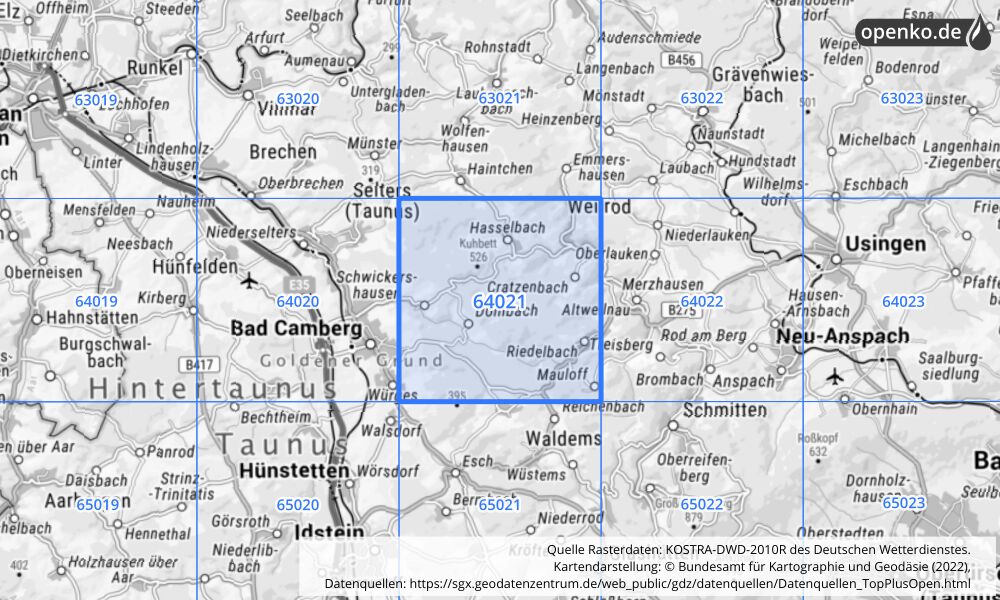 Übersichtskarte KOSTRA-DWD-2010R Rasterfeld Nr. 64021 Übersichtskarte KOSTRA-DWD-2010R Rasterfeld Nr. 64021 mit angrenzenden Feldern