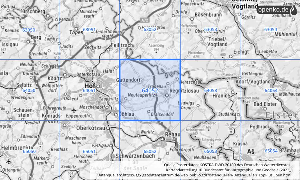 Übersichtskarte KOSTRA-DWD-2010R Rasterfeld Nr. 64052 mit angrenzenden Feldern