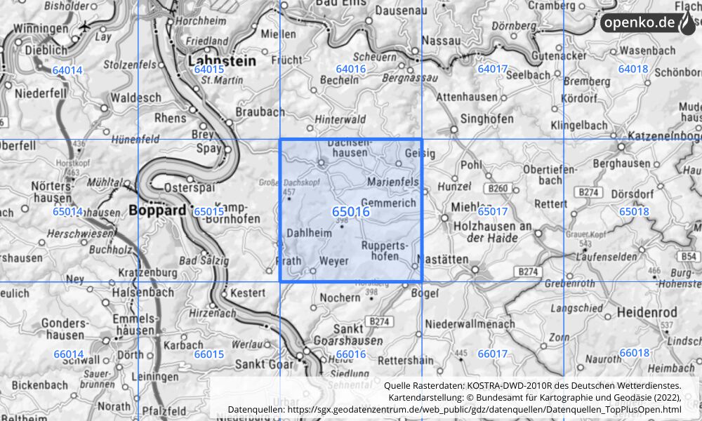 Übersichtskarte KOSTRA-DWD-2010R Rasterfeld Nr. 65016 mit angrenzenden Feldern