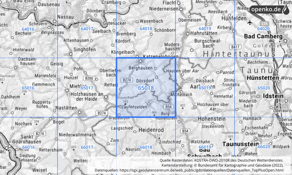 Übersichtskarte KOSTRA-DWD-2010R Rasterfeld Nr. 65018 Übersichtskarte KOSTRA-DWD-2010R Rasterfeld Nr. 65018 mit angrenzenden Feldern