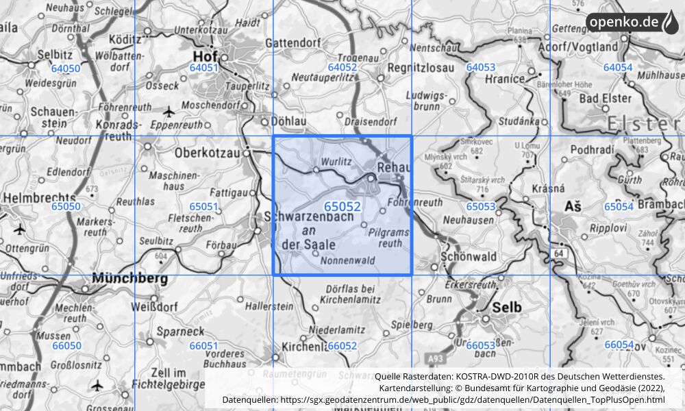 Übersichtskarte KOSTRA-DWD-2010R Rasterfeld Nr. 65052 mit angrenzenden Feldern