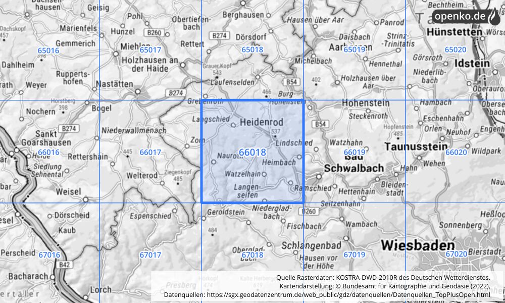 Übersichtskarte KOSTRA-DWD-2010R Rasterfeld Nr. 66018 Übersichtskarte KOSTRA-DWD-2010R Rasterfeld Nr. 66018 mit angrenzenden Feldern
