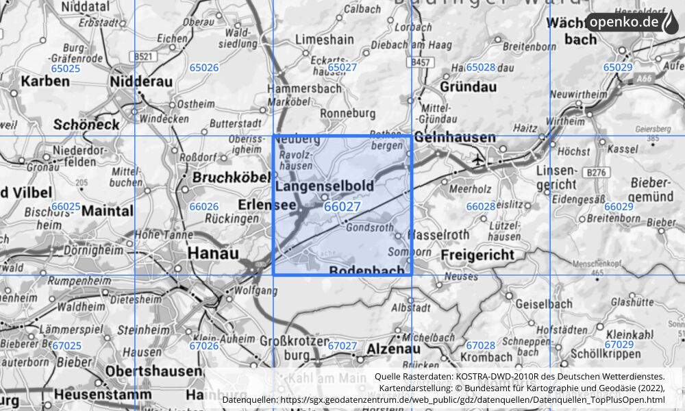 Übersichtskarte KOSTRA-DWD-2010R Rasterfeld Nr. 66027 mit angrenzenden Feldern