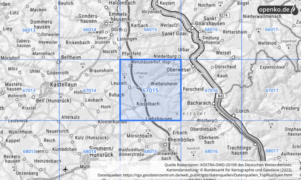 Übersichtskarte KOSTRA-DWD-2010R Rasterfeld Nr. 67015 mit angrenzenden Feldern
