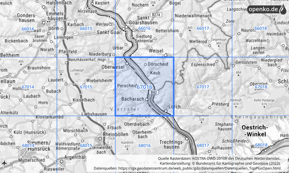 Übersichtskarte KOSTRA-DWD-2010R Rasterfeld Nr. 67016 mit angrenzenden Feldern