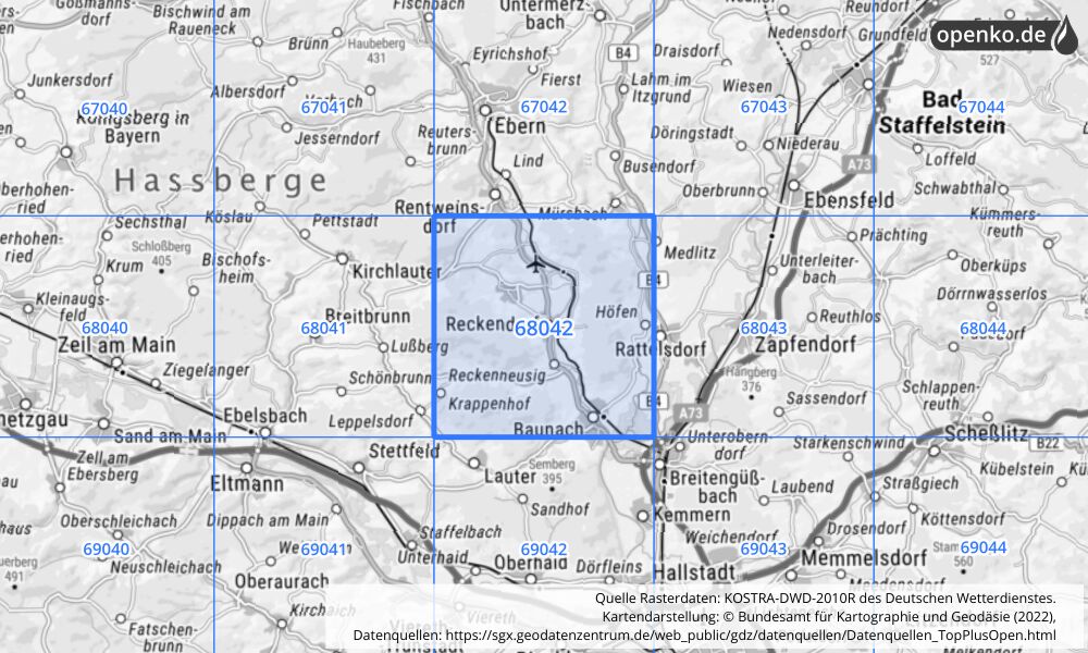 Übersichtskarte KOSTRA-DWD-2010R Rasterfeld Nr. 68042 mit angrenzenden Feldern