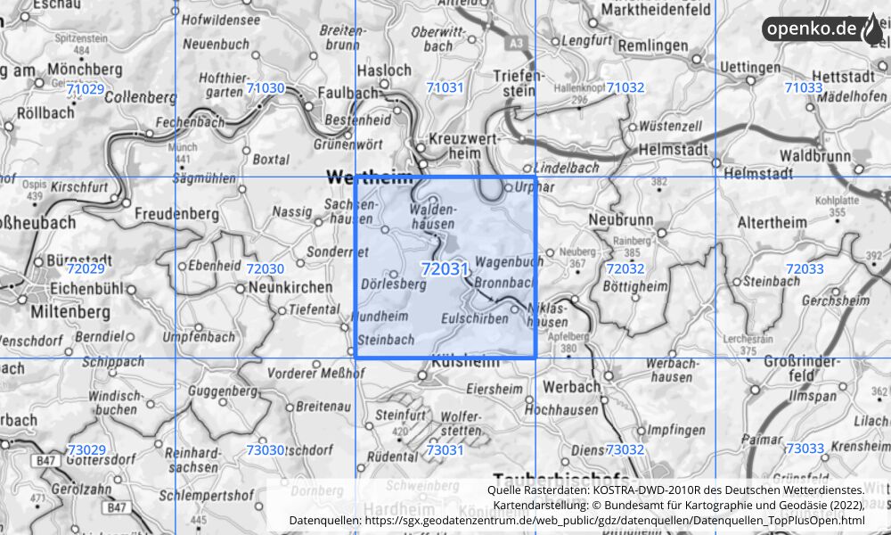 Übersichtskarte KOSTRA-DWD-2010R Rasterfeld Nr. 72031 mit angrenzenden Feldern