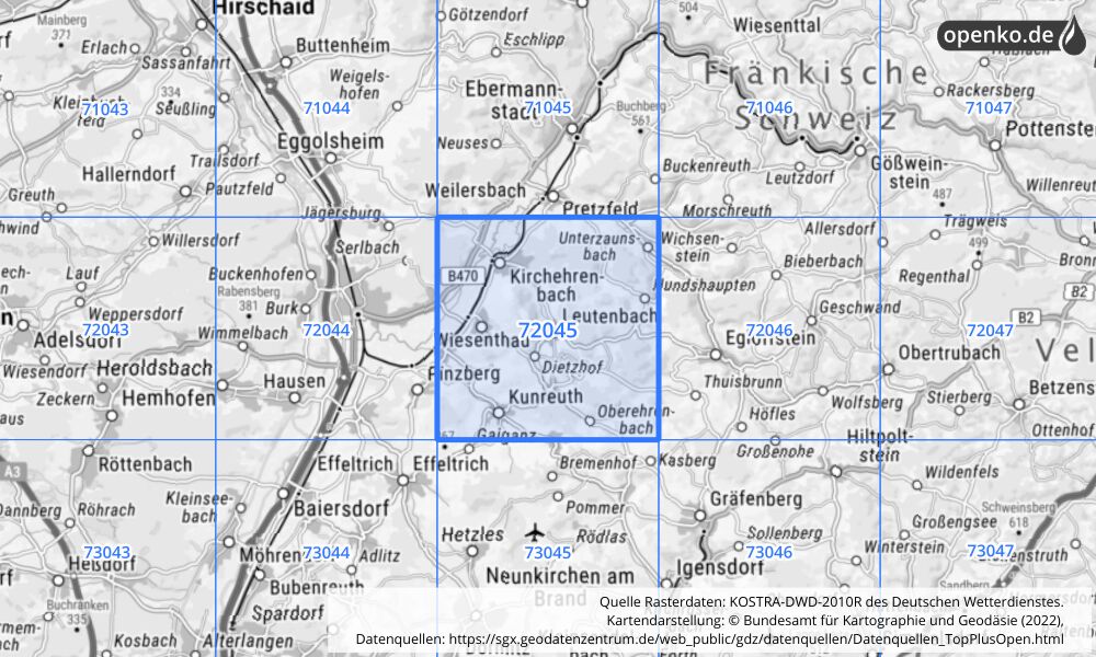 Übersichtskarte KOSTRA-DWD-2010R Rasterfeld Nr. 72045 mit angrenzenden Feldern
