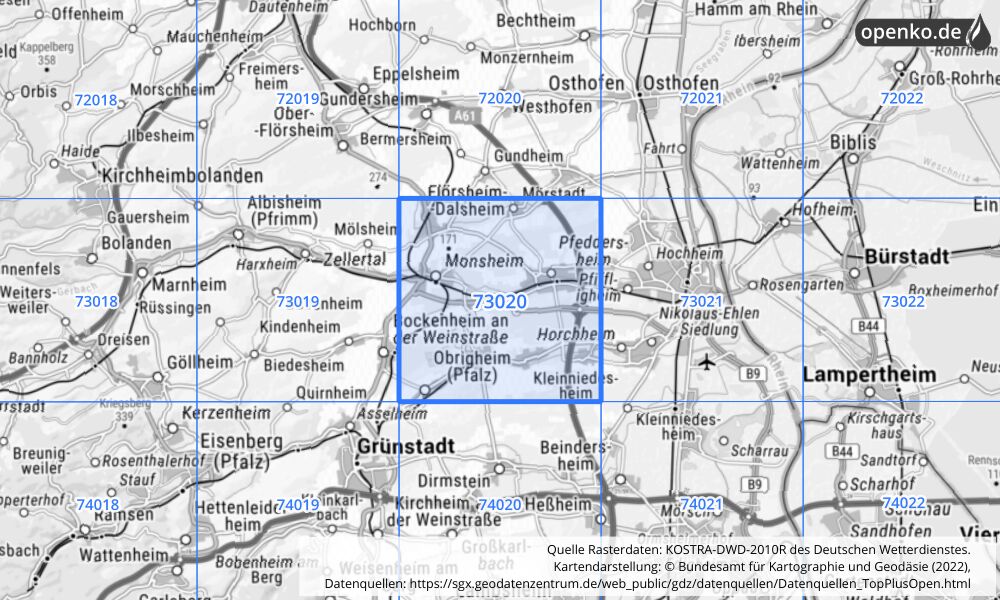 Übersichtskarte KOSTRA-DWD-2010R Rasterfeld Nr. 73020 mit angrenzenden Feldern