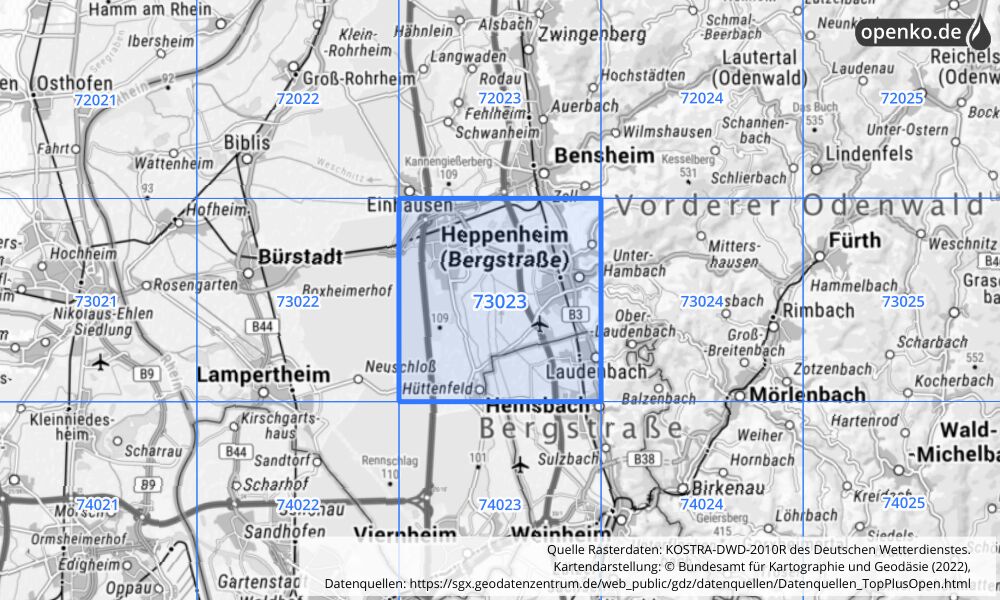 Übersichtskarte KOSTRA-DWD-2010R Rasterfeld Nr. 73023 mit angrenzenden Feldern