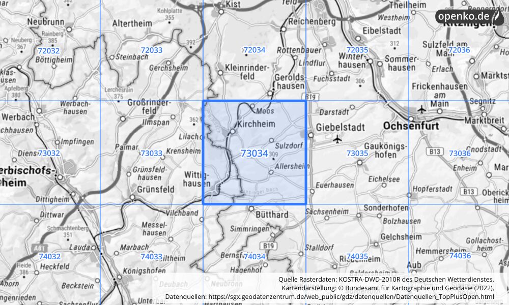 Übersichtskarte KOSTRA-DWD-2010R Rasterfeld Nr. 73034 mit angrenzenden Feldern