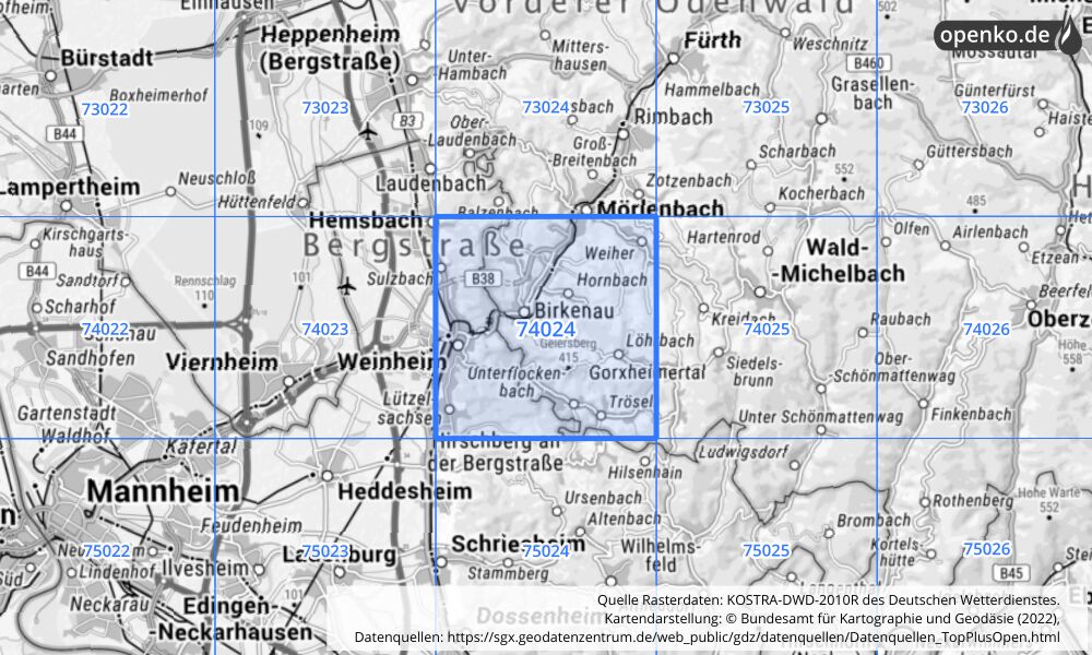 Übersichtskarte KOSTRA-DWD-2010R Rasterfeld Nr. 74024 Übersichtskarte KOSTRA-DWD-2010R Rasterfeld Nr. 74024 mit angrenzenden Feldern