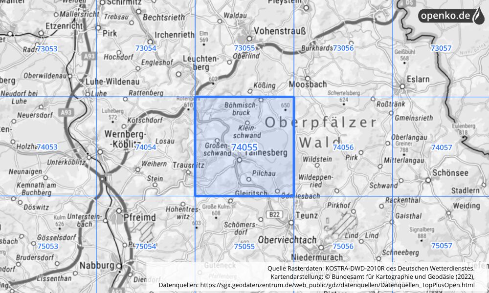 Übersichtskarte KOSTRA-DWD-2010R Rasterfeld Nr. 74055 mit angrenzenden Feldern