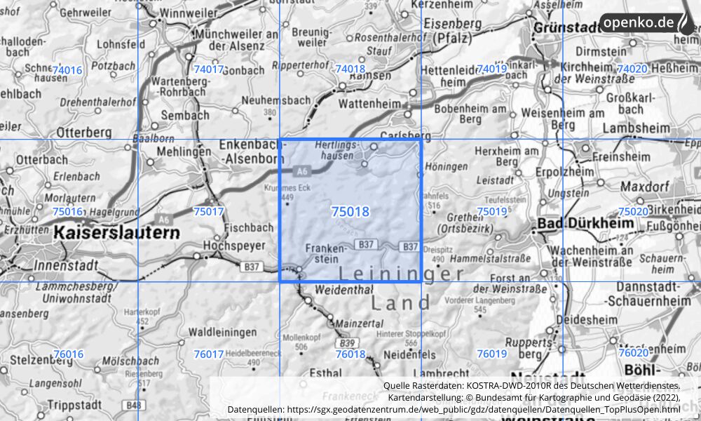 Übersichtskarte KOSTRA-DWD-2010R Rasterfeld Nr. 75018 mit angrenzenden Feldern