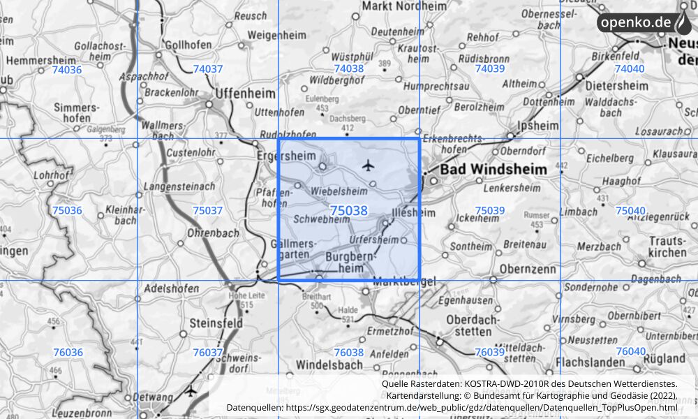 Übersichtskarte KOSTRA-DWD-2010R Rasterfeld Nr. 75038 mit angrenzenden Feldern