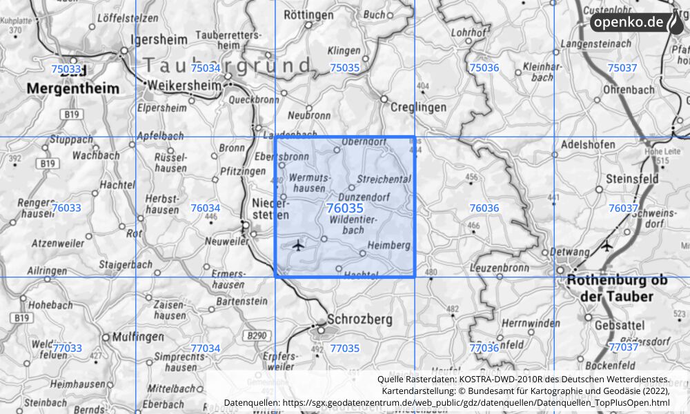 Übersichtskarte KOSTRA-DWD-2010R Rasterfeld Nr. 76035 mit angrenzenden Feldern