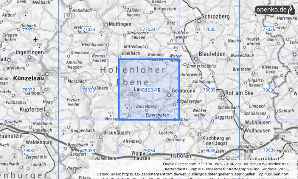 Übersichtskarte KOSTRA-DWD-2010R Rasterfeld Nr. 78034 mit angrenzenden Feldern