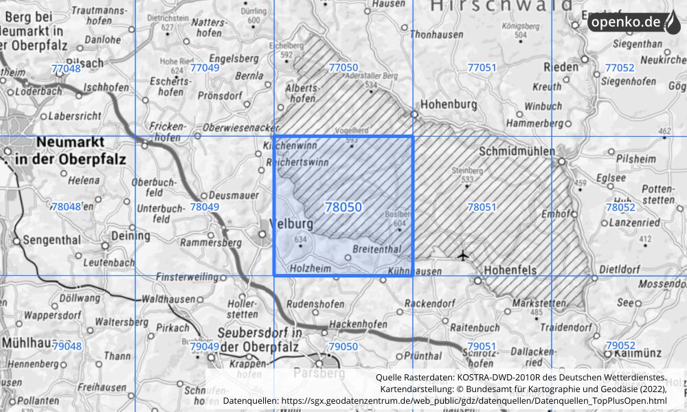 Übersichtskarte KOSTRA-DWD-2010R Rasterfeld Nr. 78050 mit angrenzenden Feldern