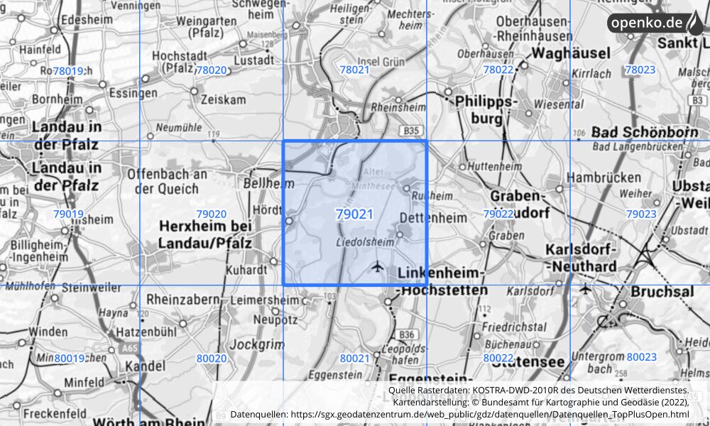 Übersichtskarte KOSTRA-DWD-2010R Rasterfeld Nr. 79021 mit angrenzenden Feldern