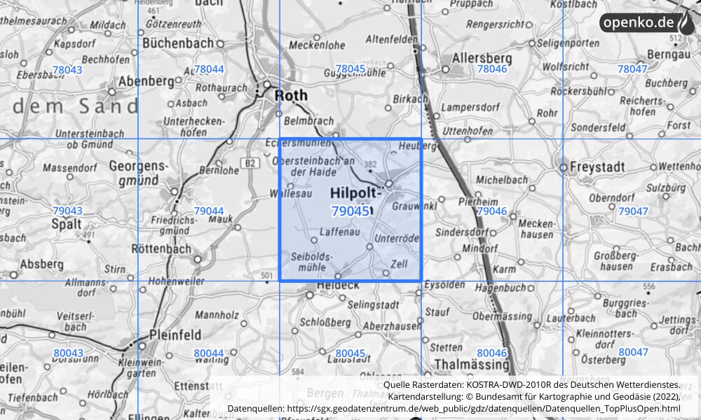 Übersichtskarte KOSTRA-DWD-2010R Rasterfeld Nr. 79045 mit angrenzenden Feldern