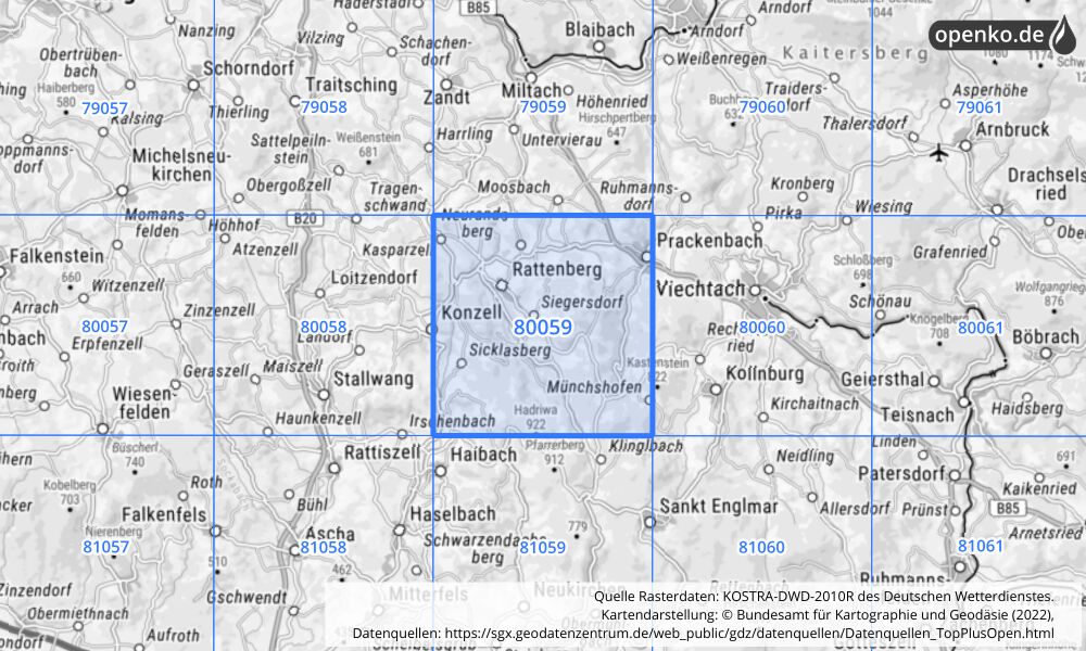 Übersichtskarte KOSTRA-DWD-2010R Rasterfeld Nr. 80059 mit angrenzenden Feldern