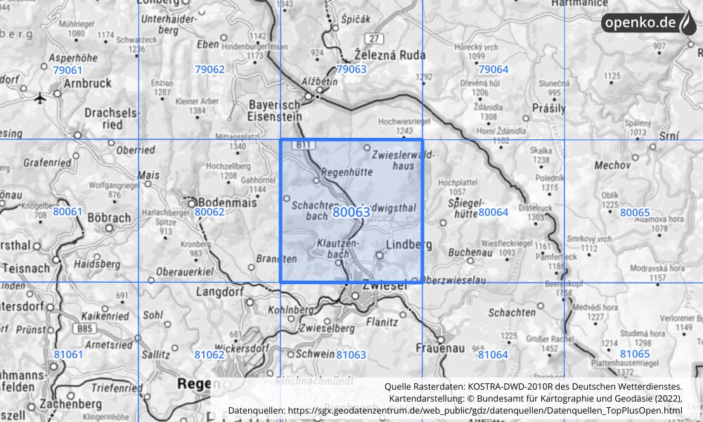 Übersichtskarte KOSTRA-DWD-2010R Rasterfeld Nr. 80063 mit angrenzenden Feldern