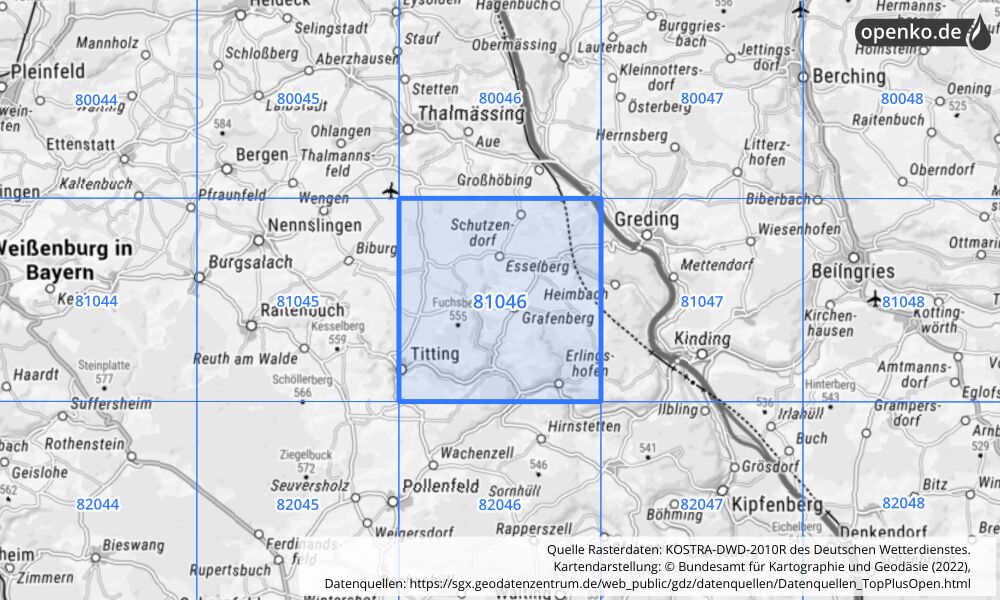 Übersichtskarte KOSTRA-DWD-2010R Rasterfeld Nr. 81046 mit angrenzenden Feldern