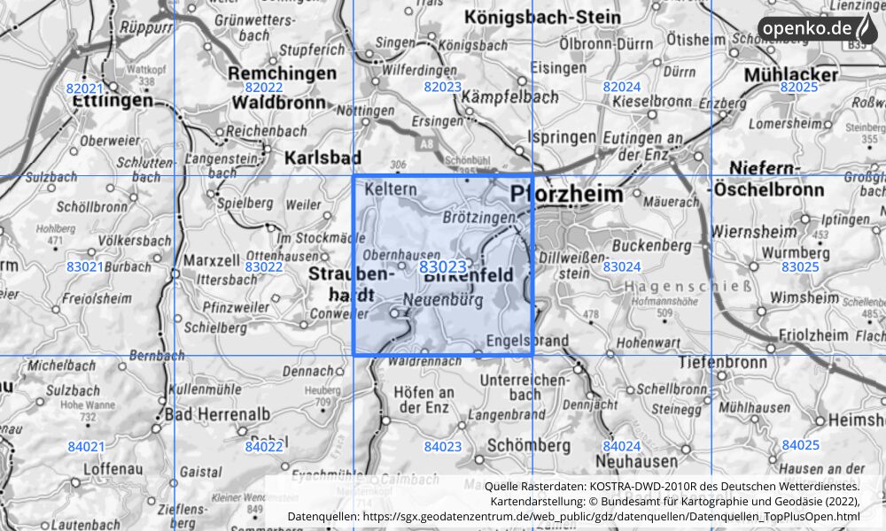 Übersichtskarte KOSTRA-DWD-2010R Rasterfeld Nr. 83023 mit angrenzenden Feldern