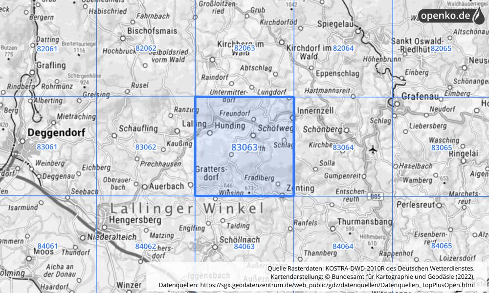 Übersichtskarte KOSTRA-DWD-2010R Rasterfeld Nr. 83063 mit angrenzenden Feldern