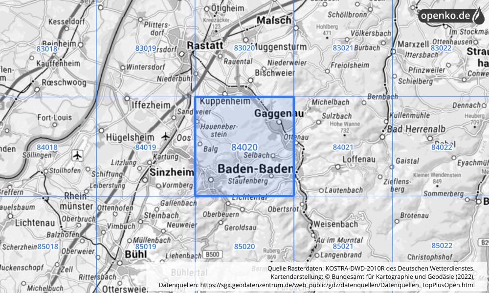 Übersichtskarte KOSTRA-DWD-2010R Rasterfeld Nr. 84020 mit angrenzenden Feldern