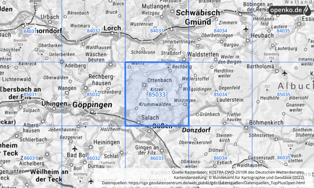 Übersichtskarte KOSTRA-DWD-2010R Rasterfeld Nr. 85033 mit angrenzenden Feldern