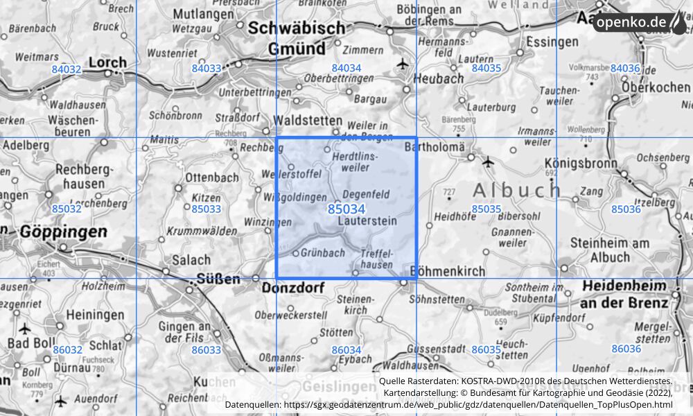 Übersichtskarte KOSTRA-DWD-2010R Rasterfeld Nr. 85034 mit angrenzenden Feldern
