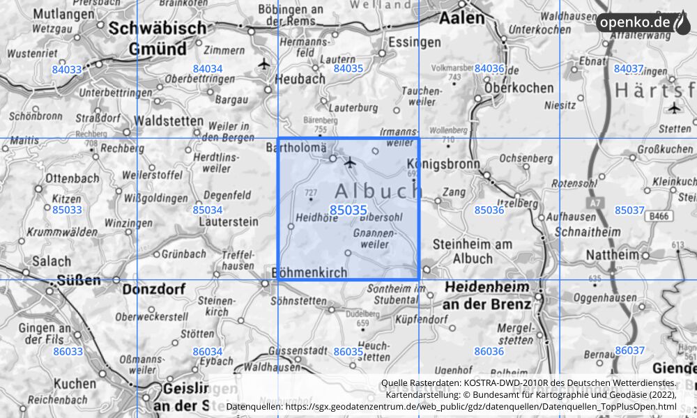 Übersichtskarte KOSTRA-DWD-2010R Rasterfeld Nr. 85035 mit angrenzenden Feldern