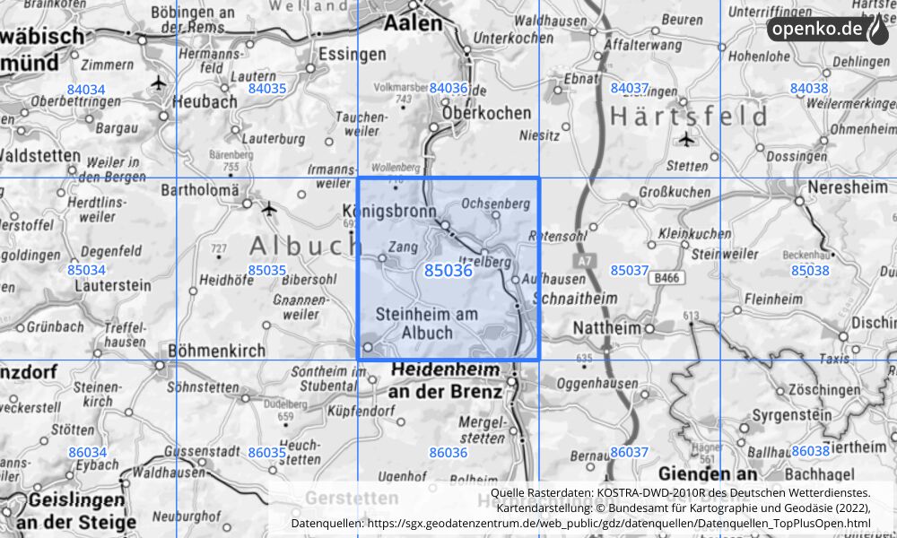 Übersichtskarte KOSTRA-DWD-2010R Rasterfeld Nr. 85036 mit angrenzenden Feldern