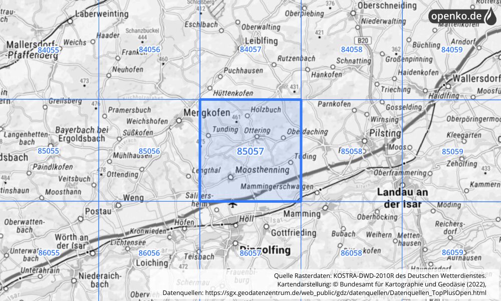 Übersichtskarte KOSTRA-DWD-2010R Rasterfeld Nr. 85057 mit angrenzenden Feldern