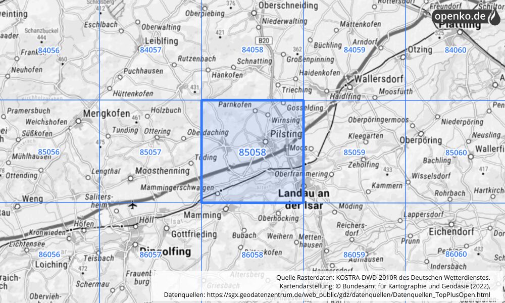 Übersichtskarte KOSTRA-DWD-2010R Rasterfeld Nr. 85058 mit angrenzenden Feldern
