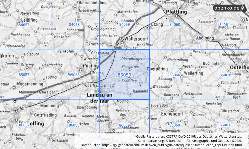 Übersichtskarte KOSTRA-DWD-2010R Rasterfeld Nr. 85059 mit angrenzenden Feldern