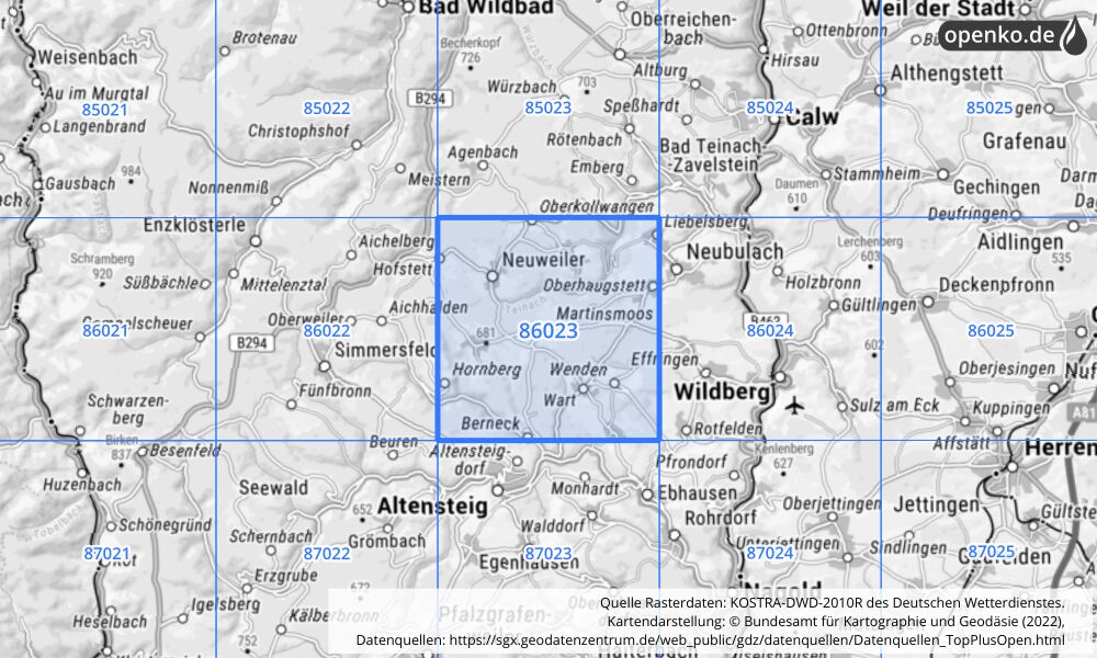 Übersichtskarte KOSTRA-DWD-2010R Rasterfeld Nr. 86023 mit angrenzenden Feldern