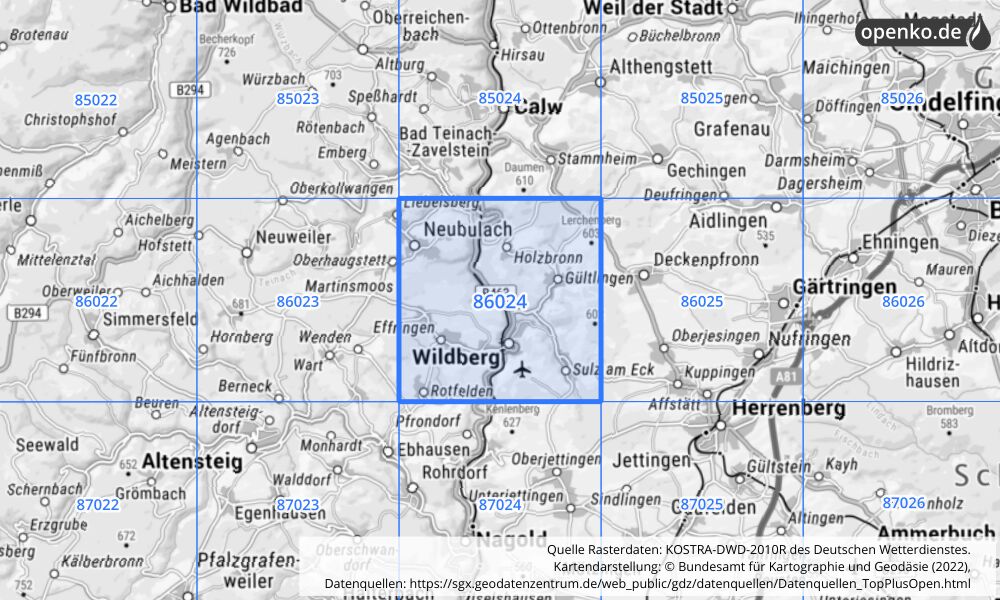 Übersichtskarte KOSTRA-DWD-2010R Rasterfeld Nr. 86024 mit angrenzenden Feldern