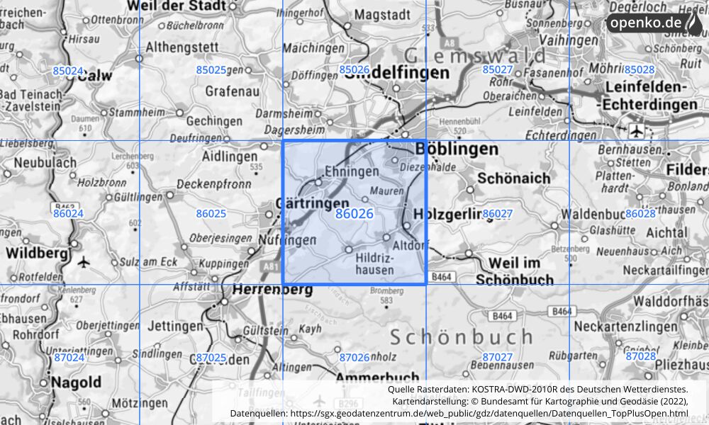 Übersichtskarte KOSTRA-DWD-2010R Rasterfeld Nr. 86026 mit angrenzenden Feldern