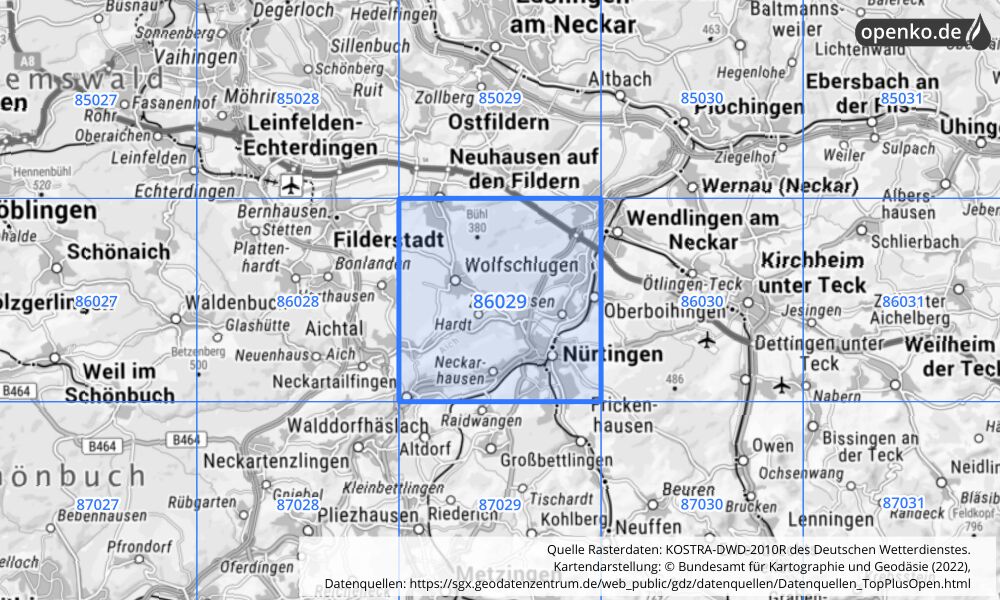 Übersichtskarte KOSTRA-DWD-2010R Rasterfeld Nr. 86029 mit angrenzenden Feldern