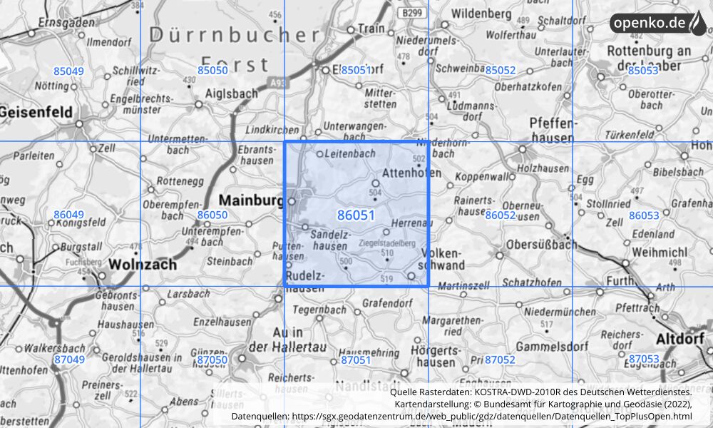 Übersichtskarte KOSTRA-DWD-2010R Rasterfeld Nr. 86051 mit angrenzenden Feldern