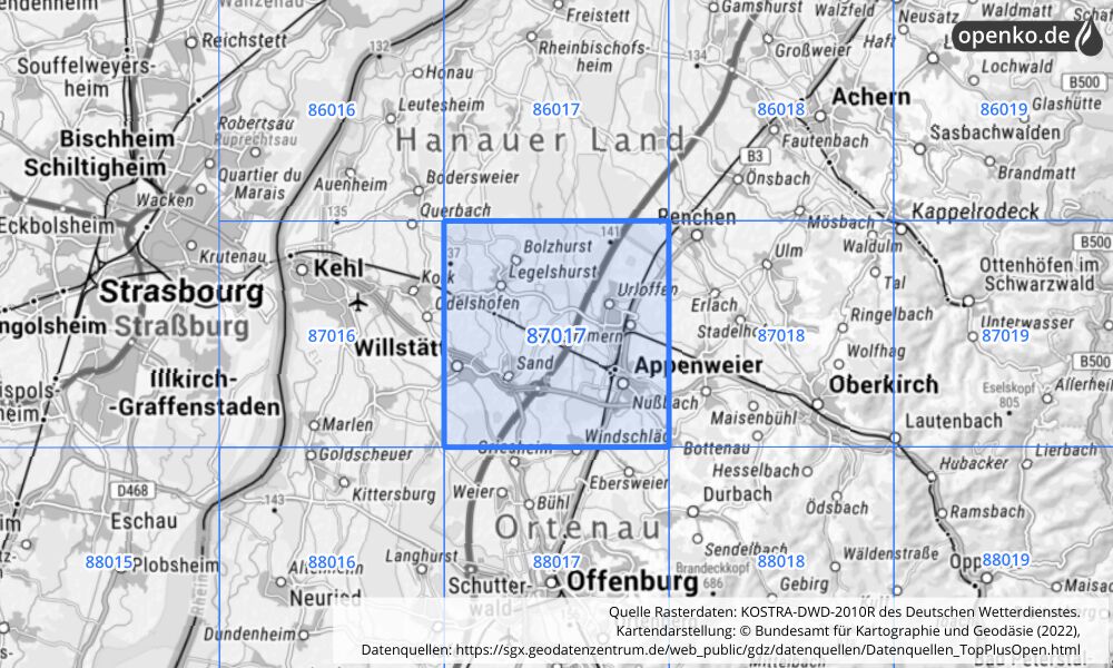 Übersichtskarte KOSTRA-DWD-2010R Rasterfeld Nr. 87017 mit angrenzenden Feldern