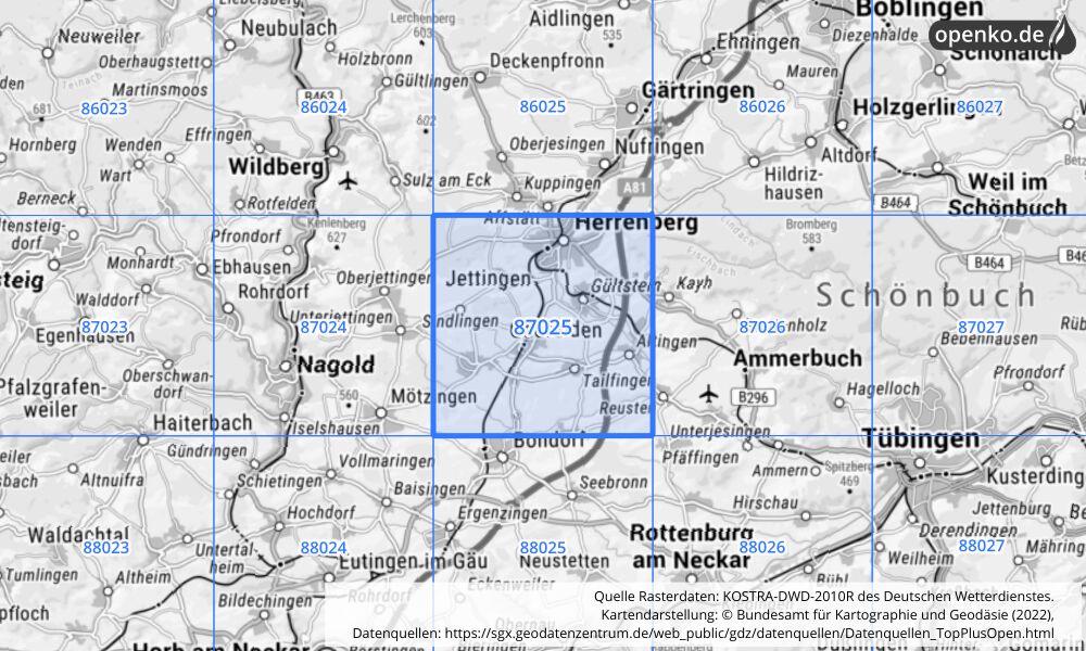 Übersichtskarte KOSTRA-DWD-2010R Rasterfeld Nr. 87025 mit angrenzenden Feldern