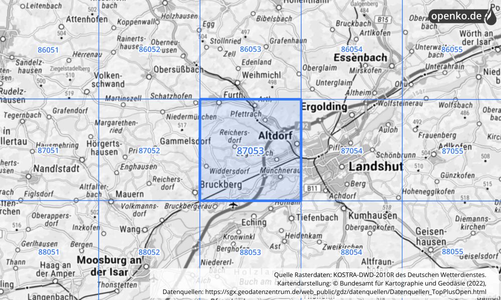 Übersichtskarte KOSTRA-DWD-2010R Rasterfeld Nr. 87053 mit angrenzenden Feldern