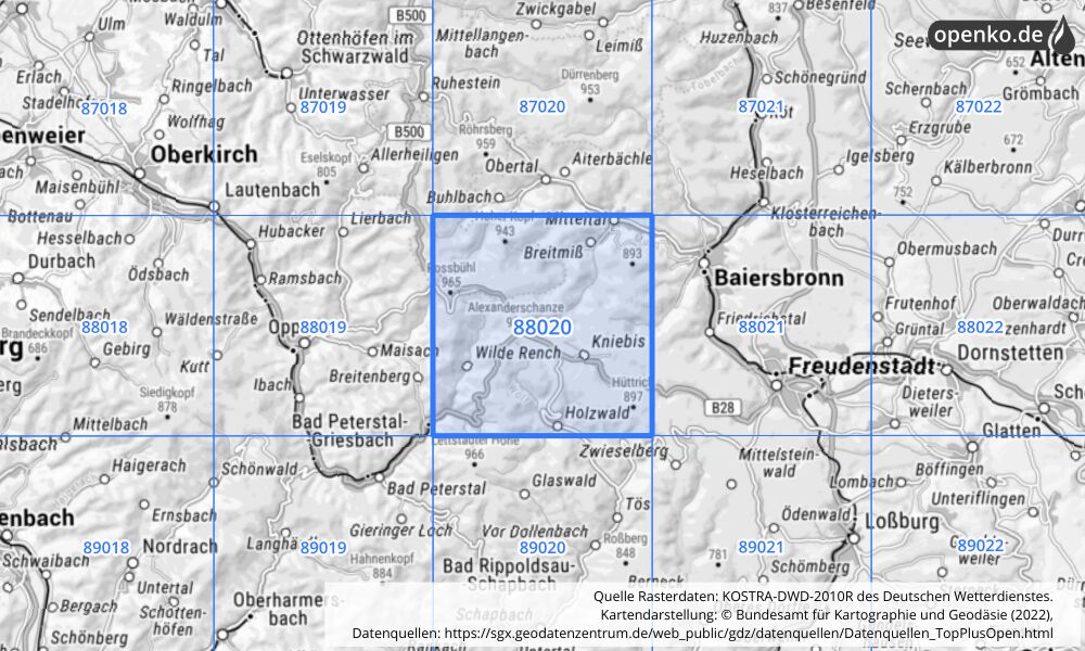 Übersichtskarte KOSTRA-DWD-2010R Rasterfeld Nr. 88020 mit angrenzenden Feldern