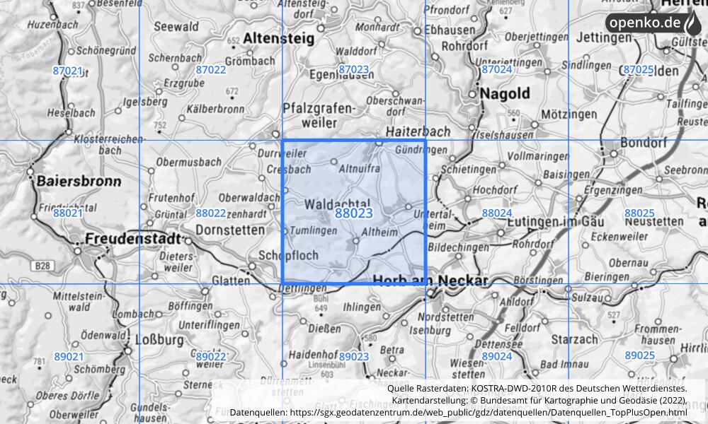 Übersichtskarte KOSTRA-DWD-2010R Rasterfeld Nr. 88023 mit angrenzenden Feldern