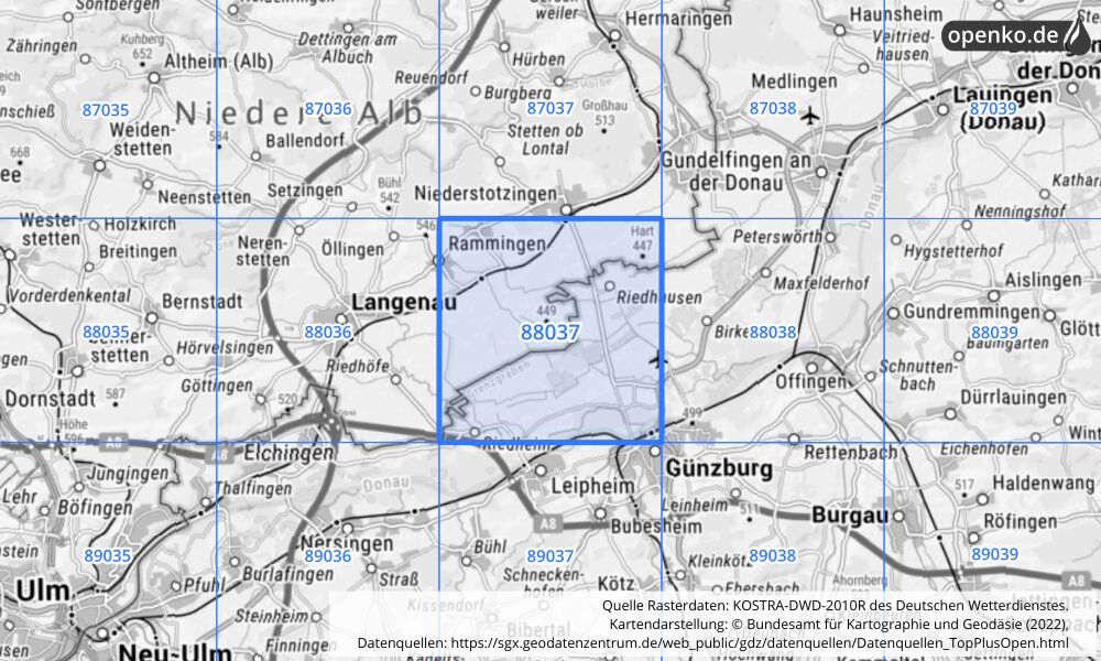 Übersichtskarte KOSTRA-DWD-2010R Rasterfeld Nr. 88037 Übersichtskarte KOSTRA-DWD-2010R Rasterfeld Nr. 88037 mit angrenzenden Feldern