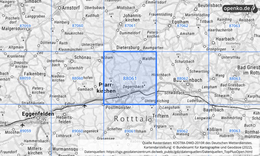 Übersichtskarte KOSTRA-DWD-2010R Rasterfeld Nr. 88061 mit angrenzenden Feldern